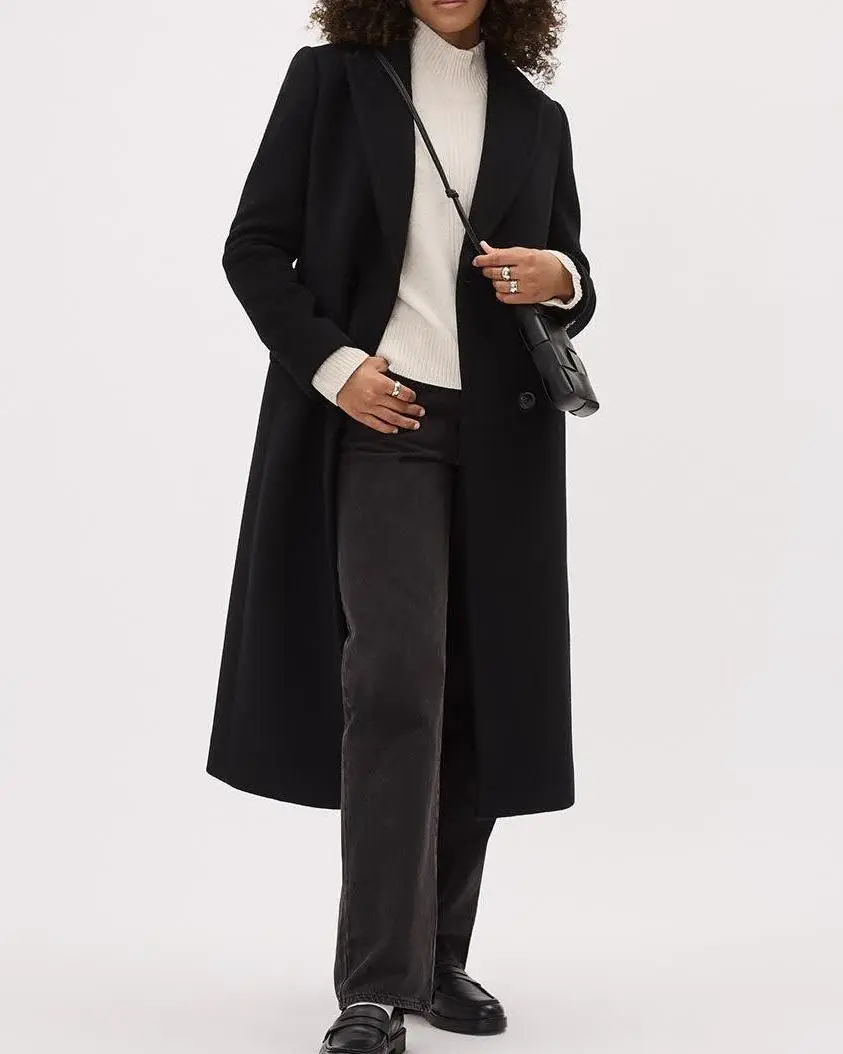 Solid Long Double-Breasted Wool Coat