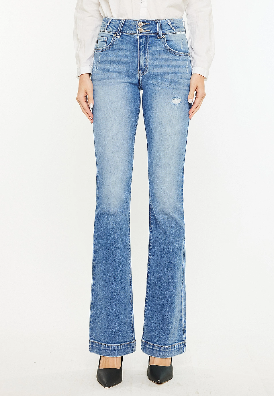 KanCan High Rise Double Button Wide Hem Flare Jean