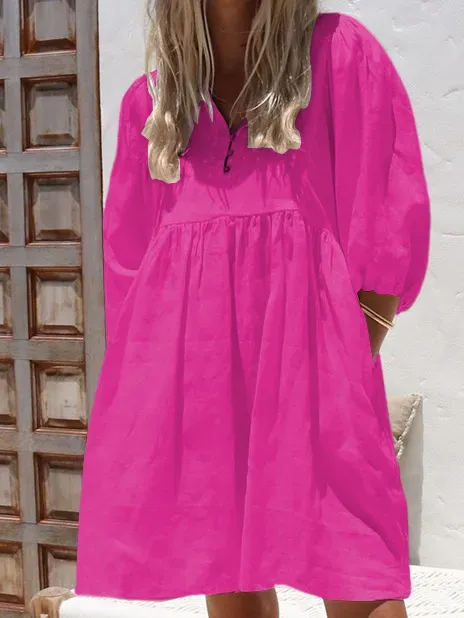 Women Plain V Neck Three Quarter Sleeve Comfy Casual Short Dress
