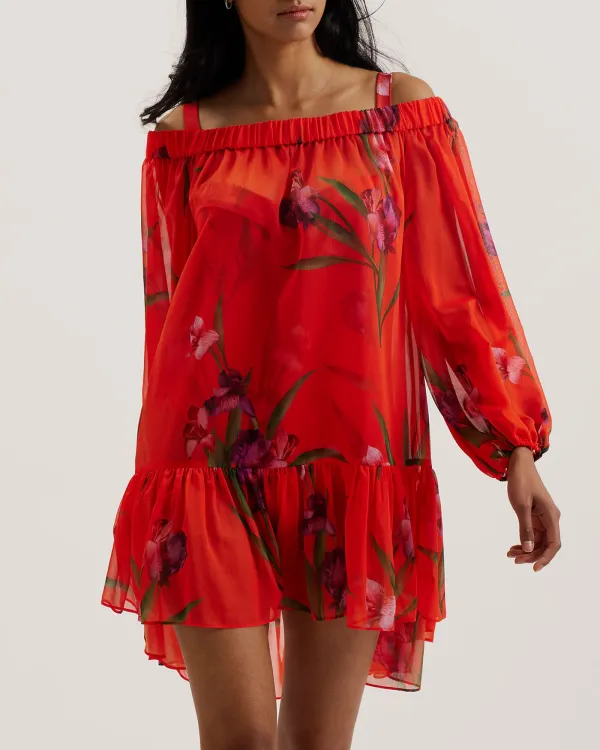 Ariizon Floral Bardot Beach Cover Up Brt-Red