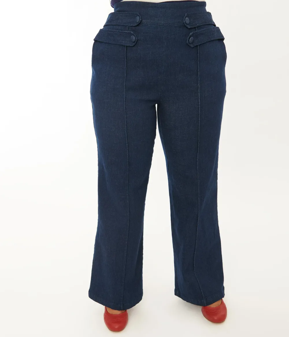 Unique Vintage Plus Size 1940s Denim High Waist Wide Leg Tab Pants