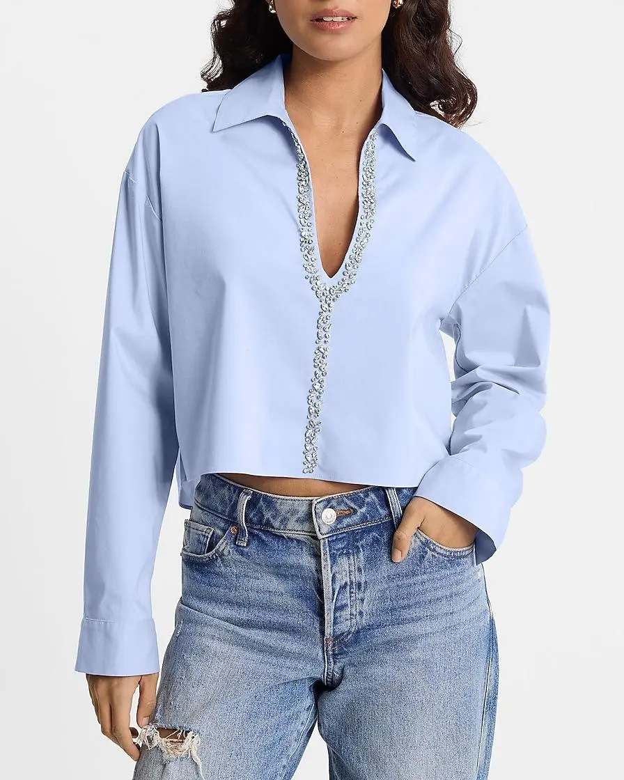 Embellished Collared V-Neck Long Sleeve Cropped Shirt