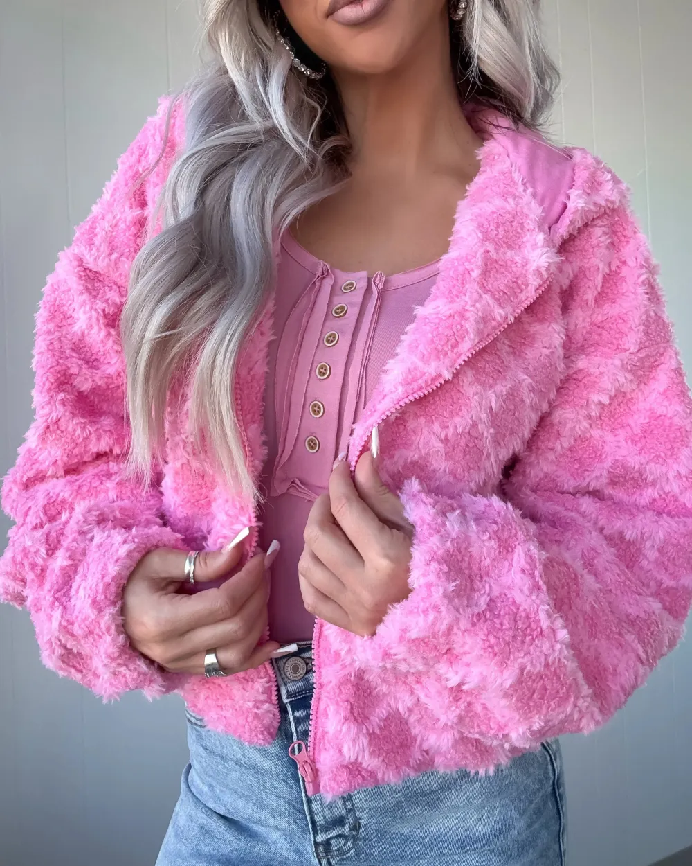 Spring Awakened Fuzzy Hooded Jacket - Pink