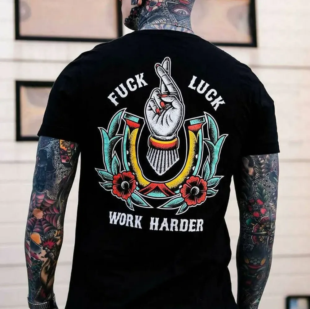 FUCK LUCK WORK HARDER Hand Flowers Black Print T-shirt