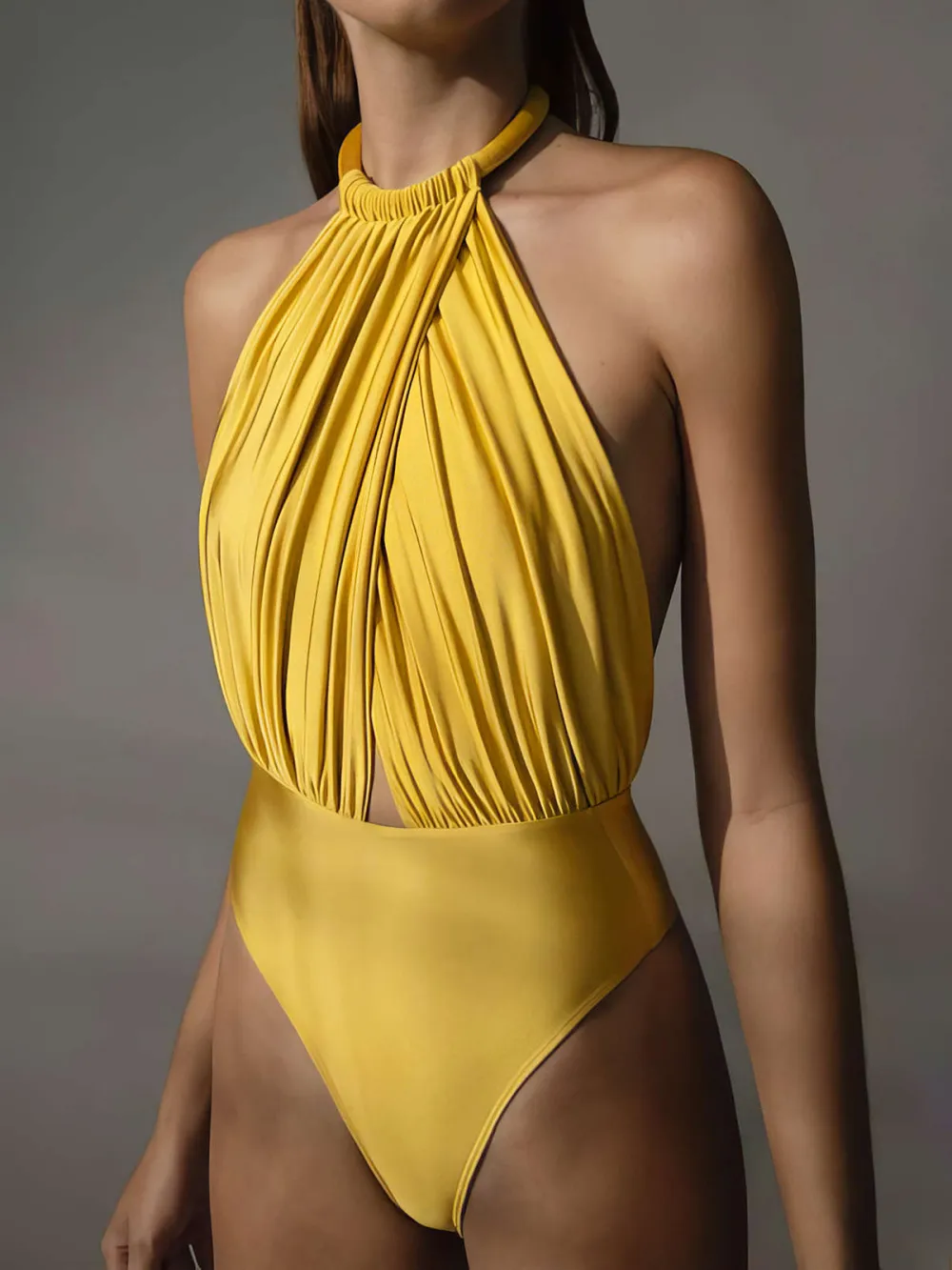 Ruched Backless Plain Sleeveless Bodysuit