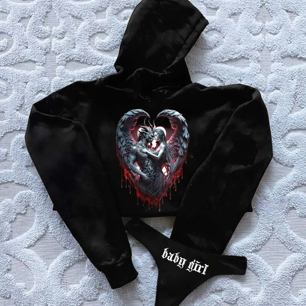 Angel And Demon Printed Women's Cropped Hoodie & Thong Sets