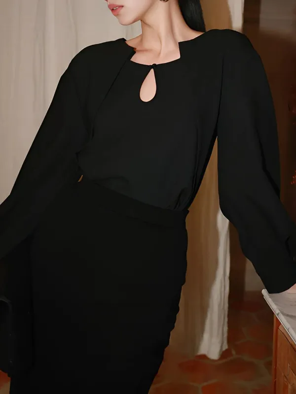 Cutout Plain Long Sleeve Blouse