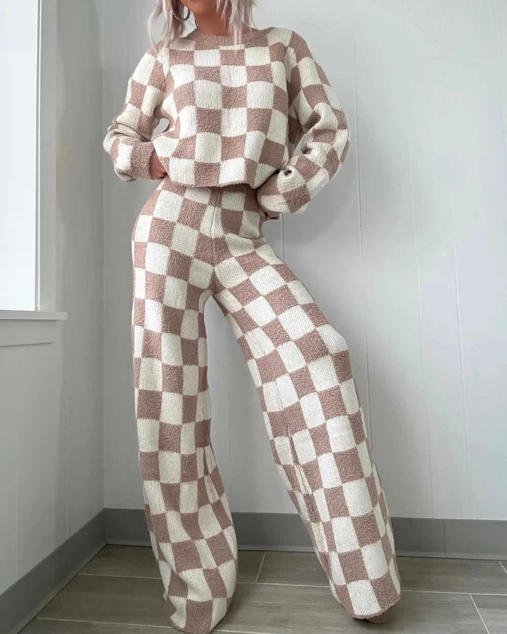 Soft Sands Checkered Sweater Set - Beige/Ivory