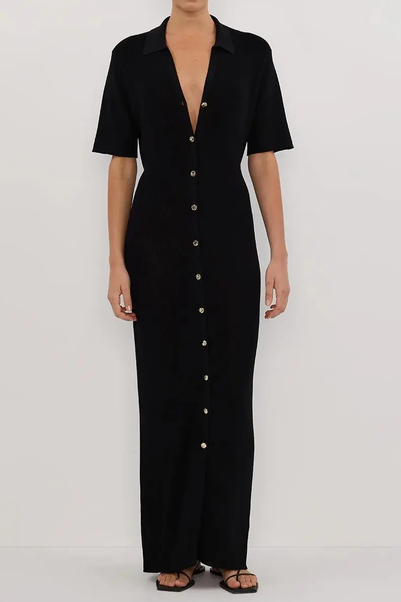 LIAM BLACK KNIT POLO MAXI DRESS