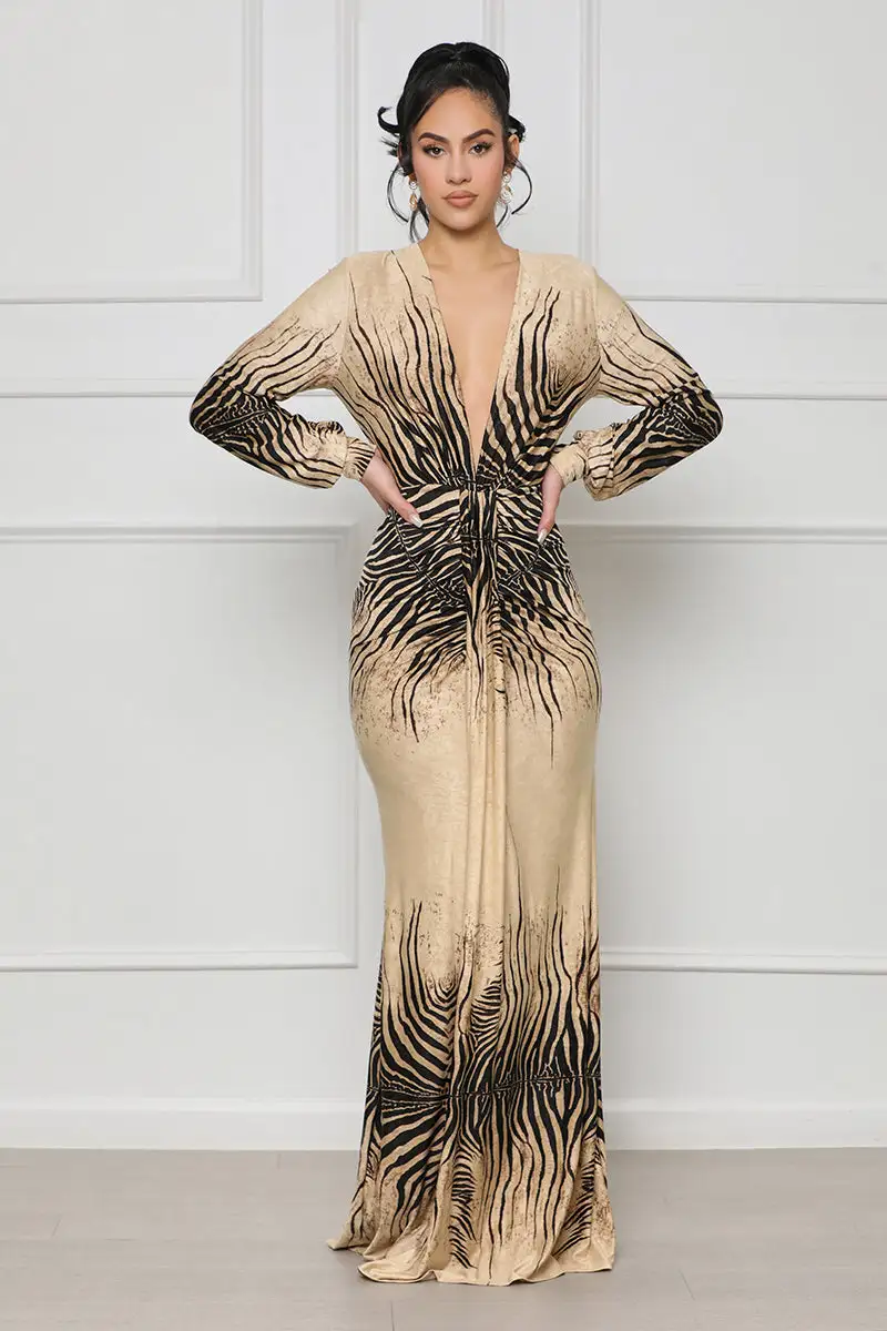 Royal Zebra Print Maxi Dress (Tan Multi)