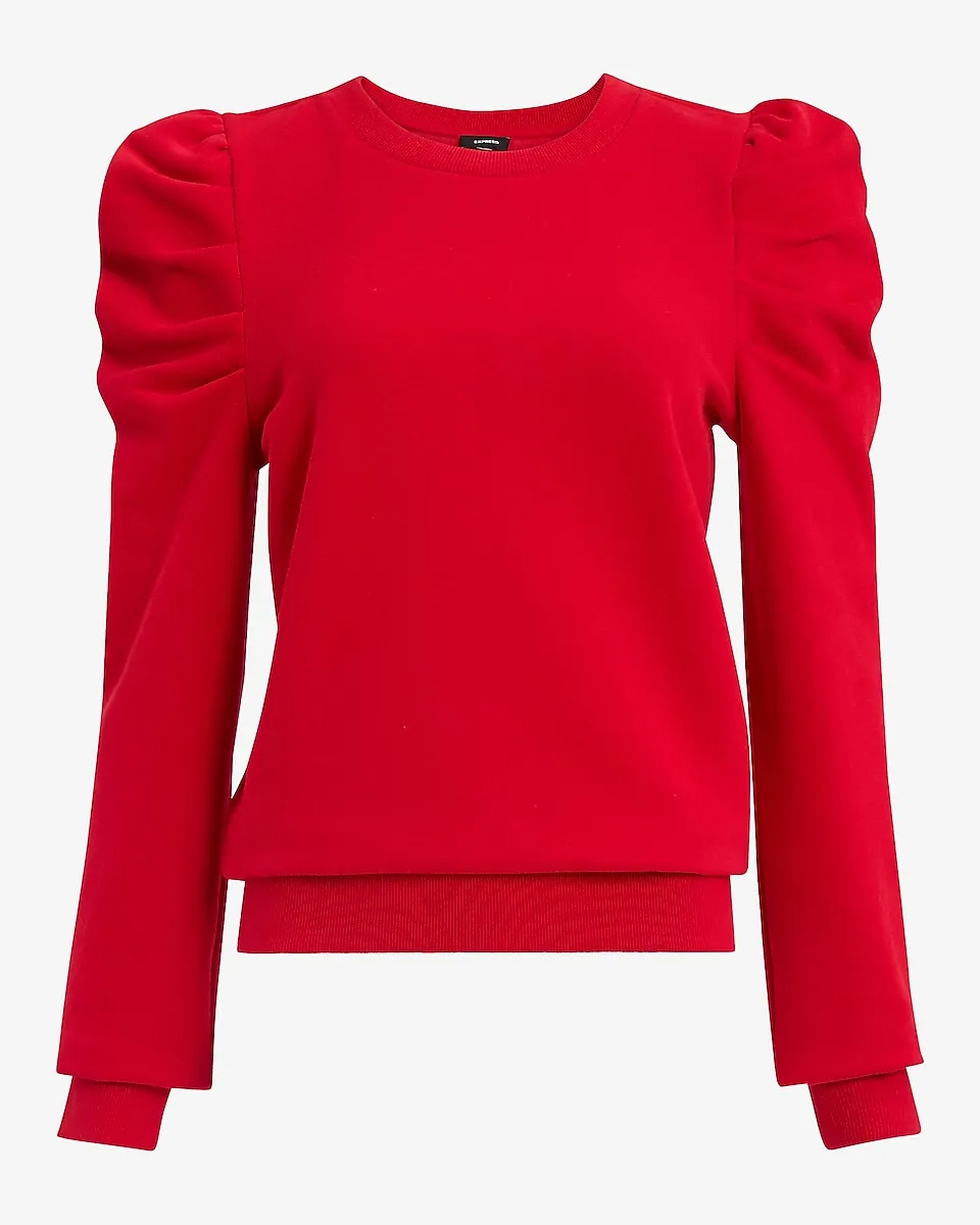 Crew Neck Puff Sleeve Banded Bottom Sweatshirt