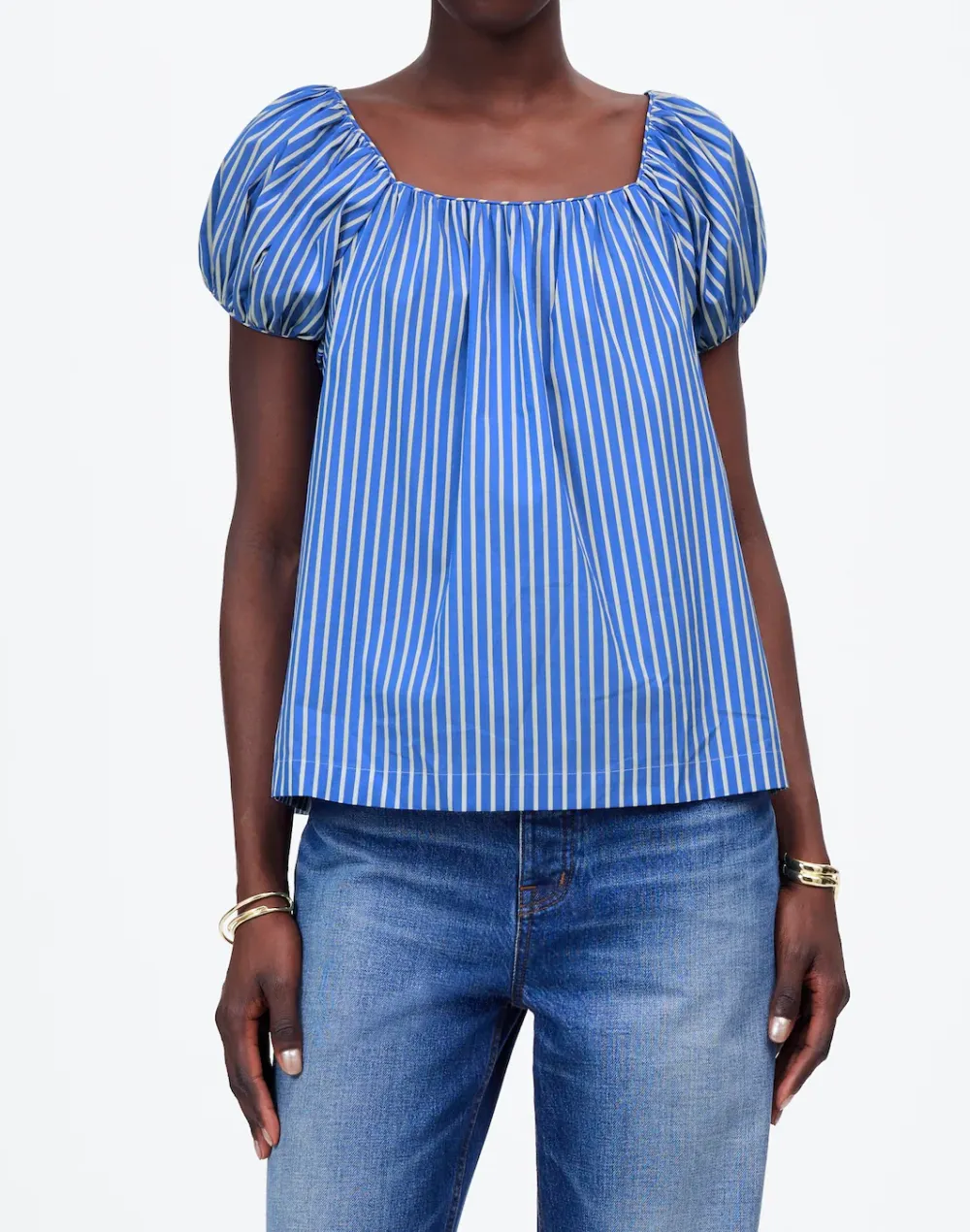 Square-Neck Puff-Sleeve Shirt in Stripe