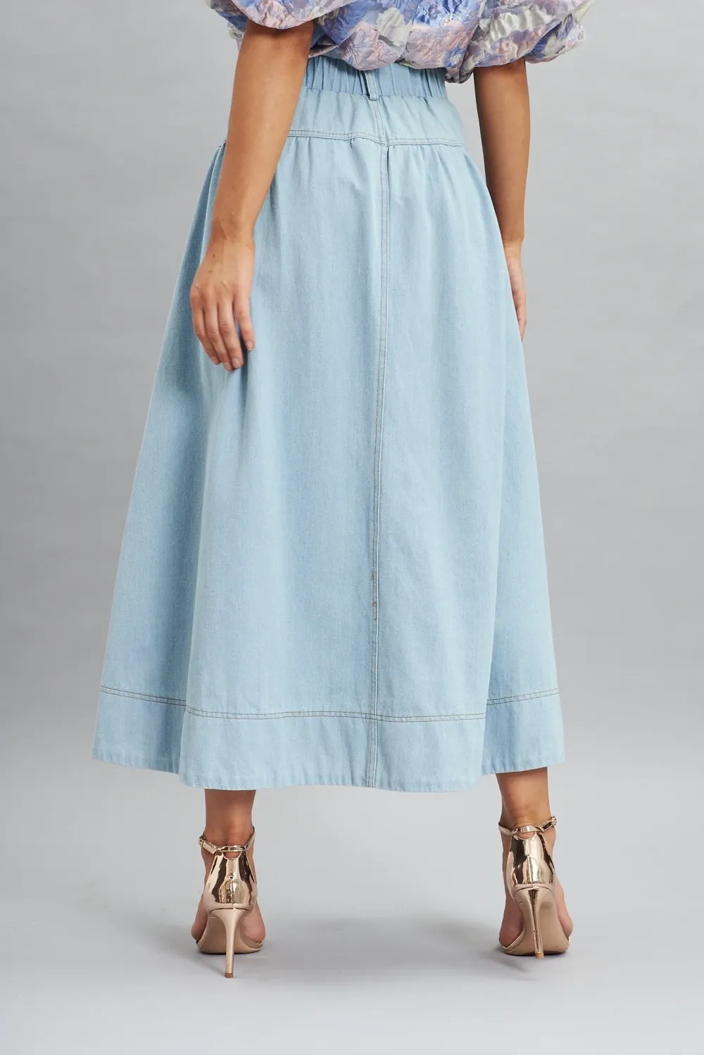 Light Blue High Waist Denim Midi Skirt