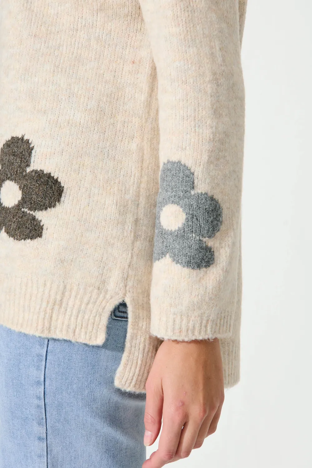 Beige Floral Patterned Knitted Sweater