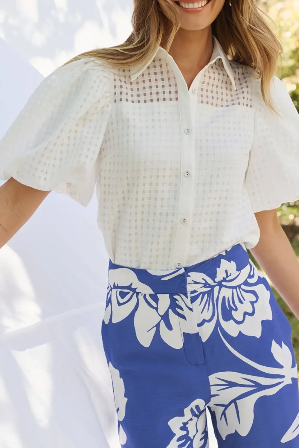 White Eyelet Puff Sleeve Button Up Shirt