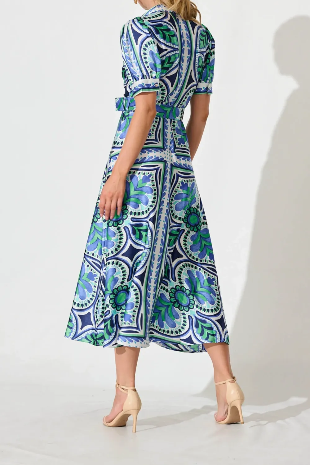 Blue Green Patterned Belted Midi Dress