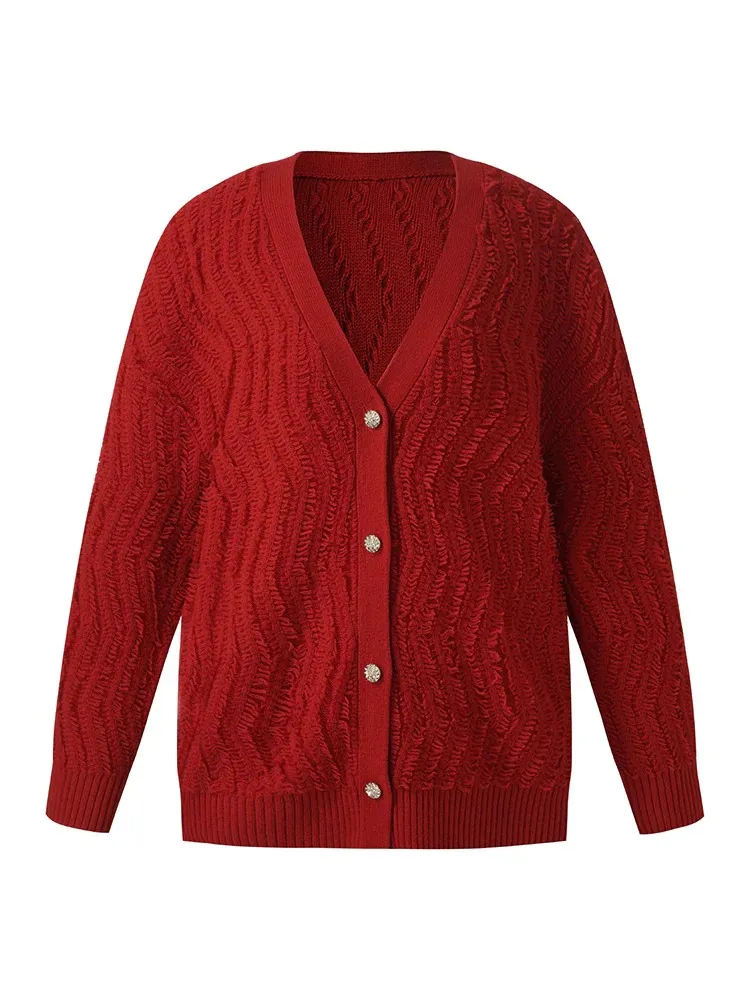 100% Wool Chili Red Women Cardigan