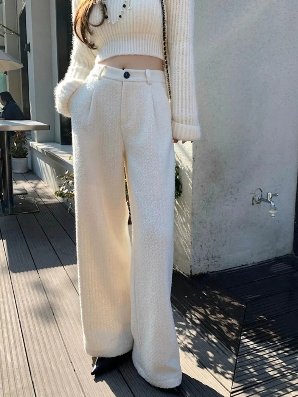 Textured High Waist Pants With Pockets