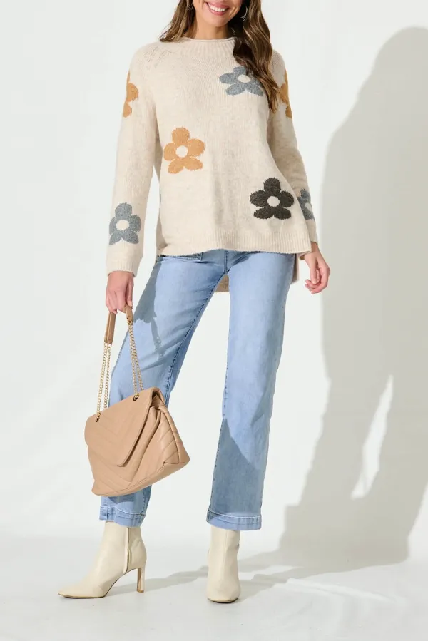 Beige Floral Patterned Knitted Sweater