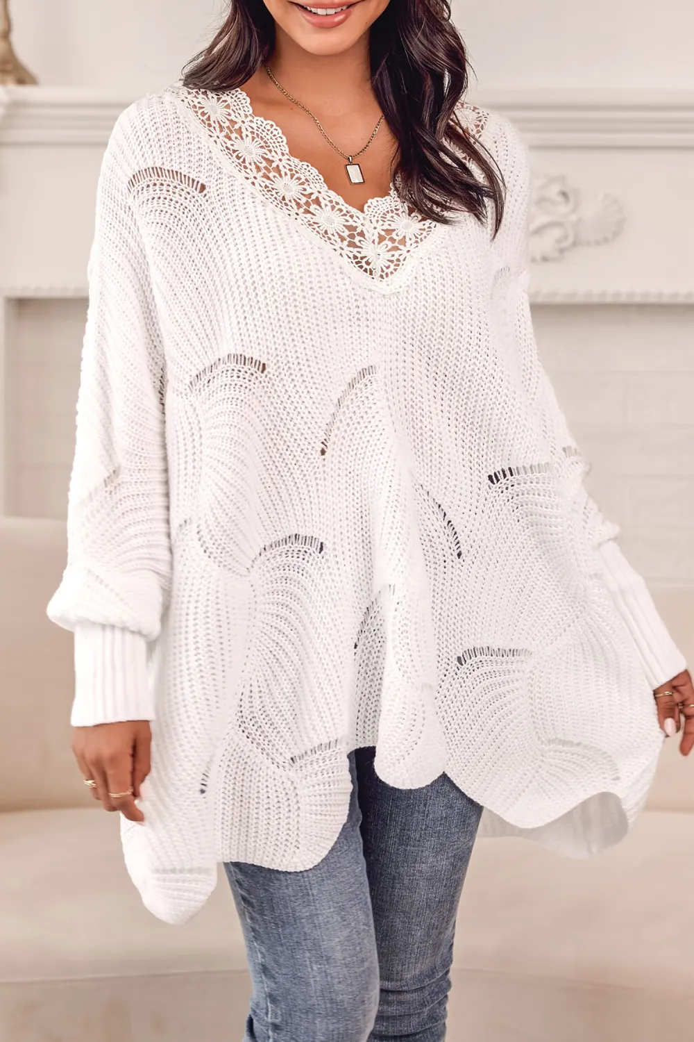 Floral Lace Pointelle Knit Scalloped Sweater