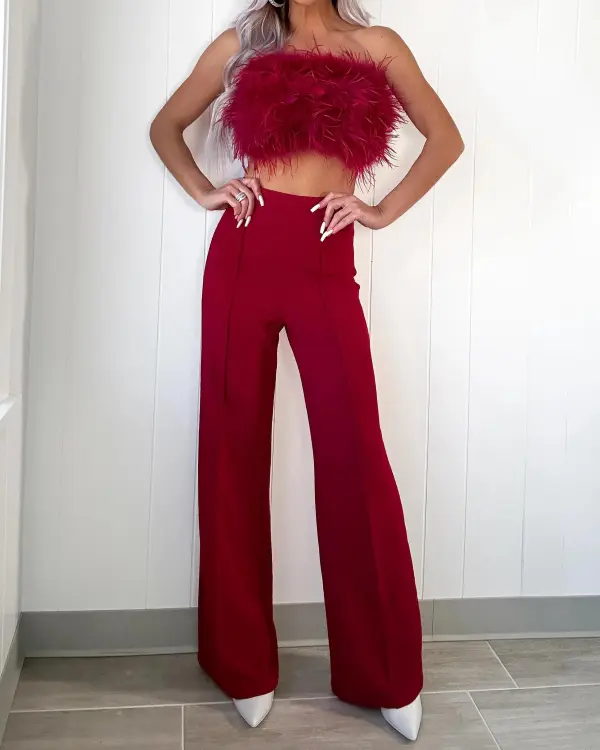 Graceful Reflections Fur Pants Set - Burgundy