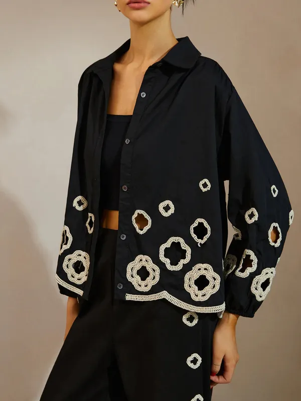 Hollow Embroidered Button Front Blouse
