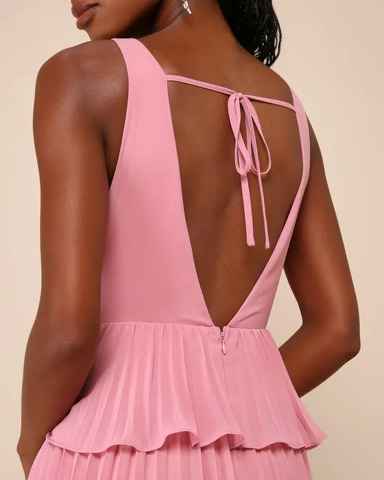 Mesmerizing Essence Pink Pleated Backless Tiered Maxi Dress