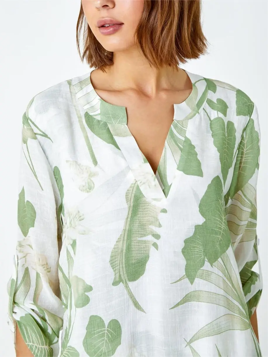 Green Palm Print Wrap Hem Tunic Top