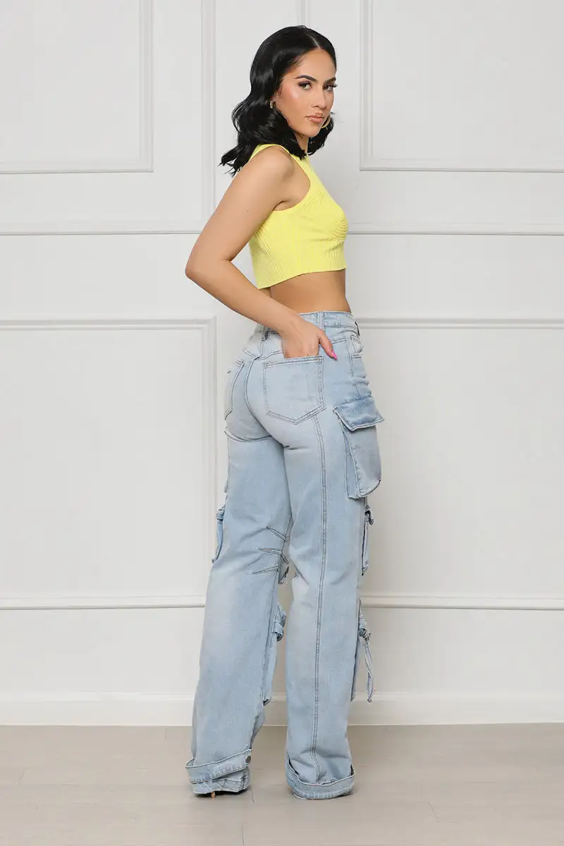 Always On Go Distressed Cargo Jeans (Light Wash)