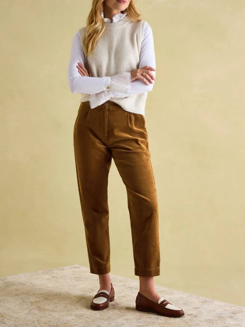 Casual Style Calla Tan Brown Corduroy Tapered Trousers