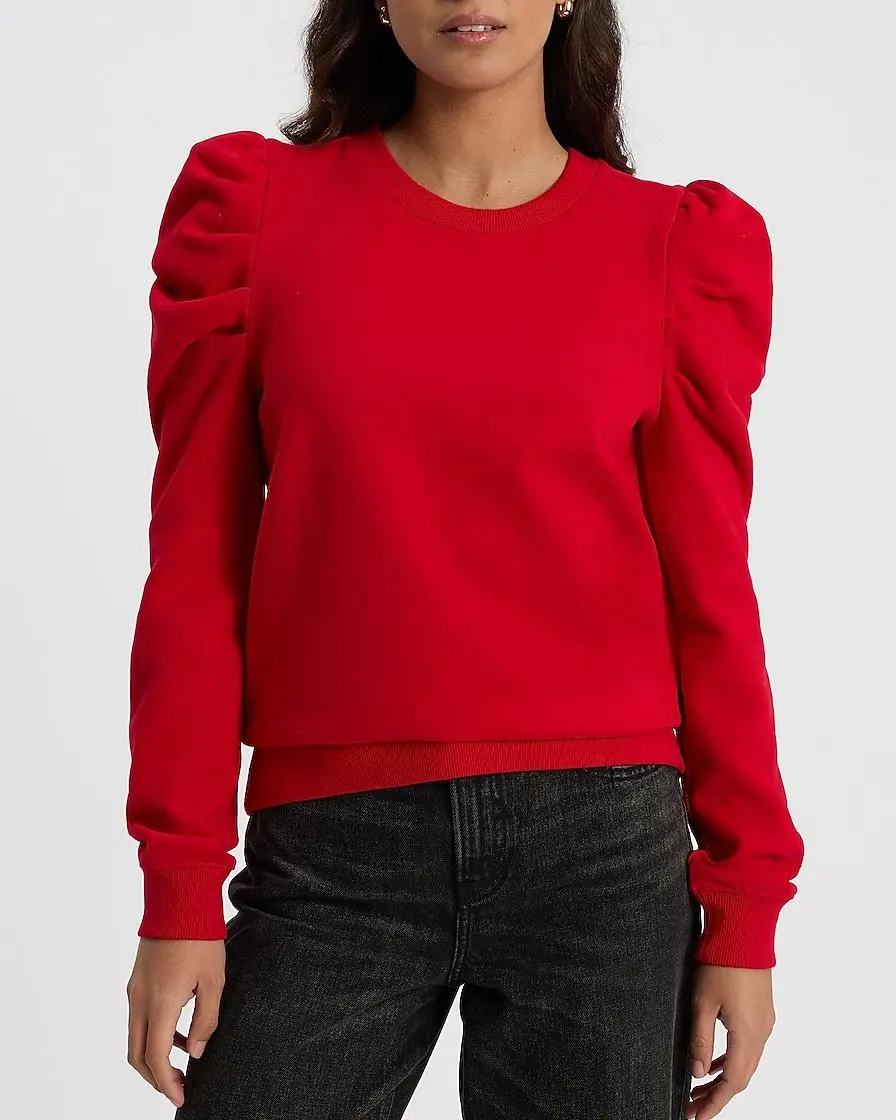 Crew Neck Puff Sleeve Banded Bottom Sweatshirt