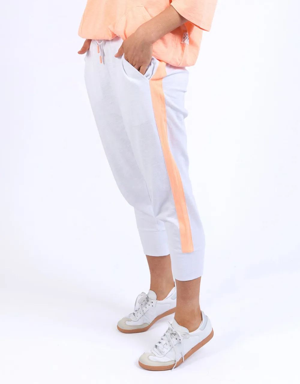 Neon Side Tape 3/4 Brunch Pants - White/Neon Orange