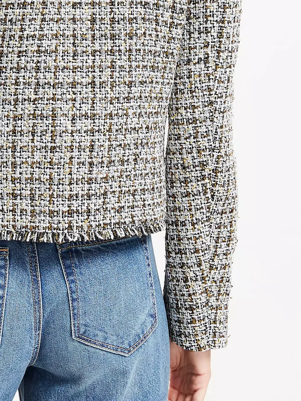 Metallic Fringe Tweed Collarless Jacket