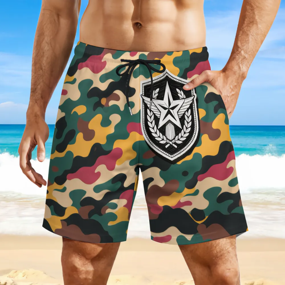 Colorful Camouflage Badge Print Sports Board Shorts