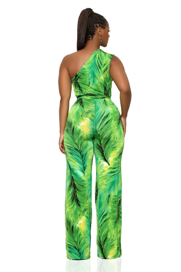 One Shoulder Palm Print Jumpsuit (Green)-FINAL SALE