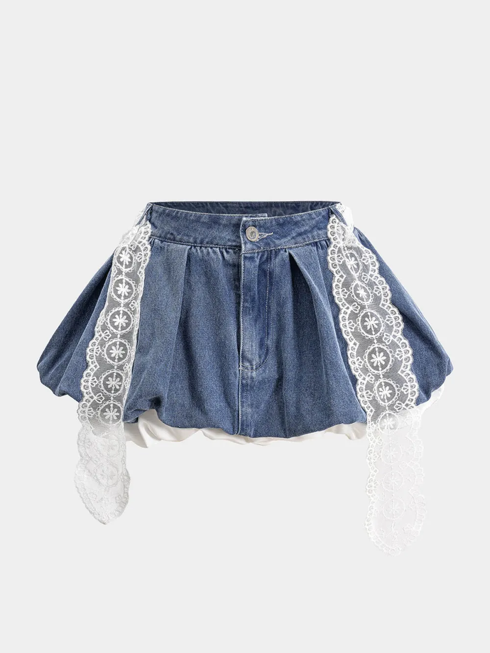 Patchwork Denim Shorts With Lace Belted
