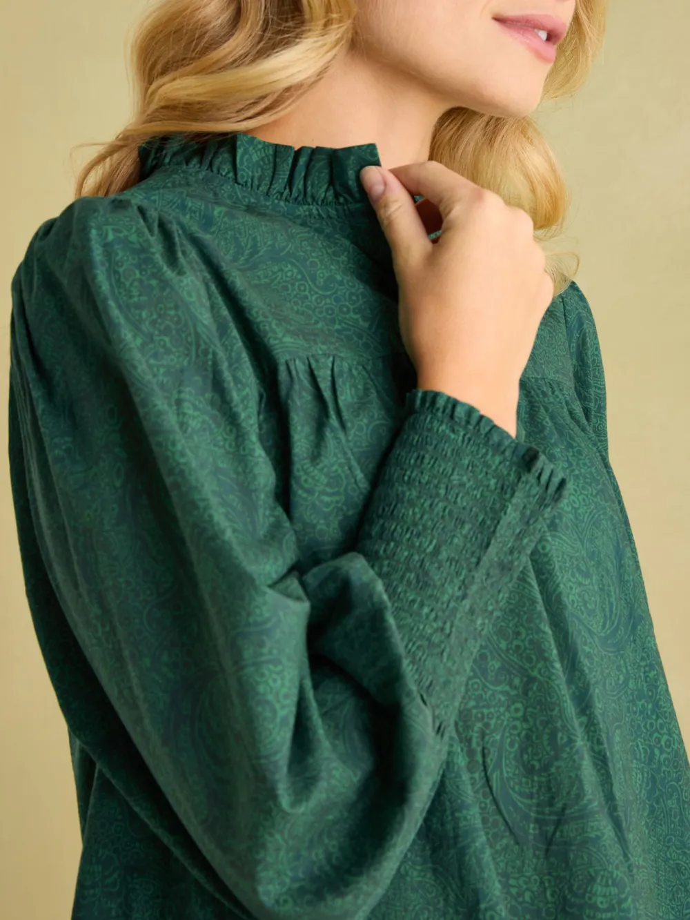 Green Paisley Cotton Frill Neck Blouse