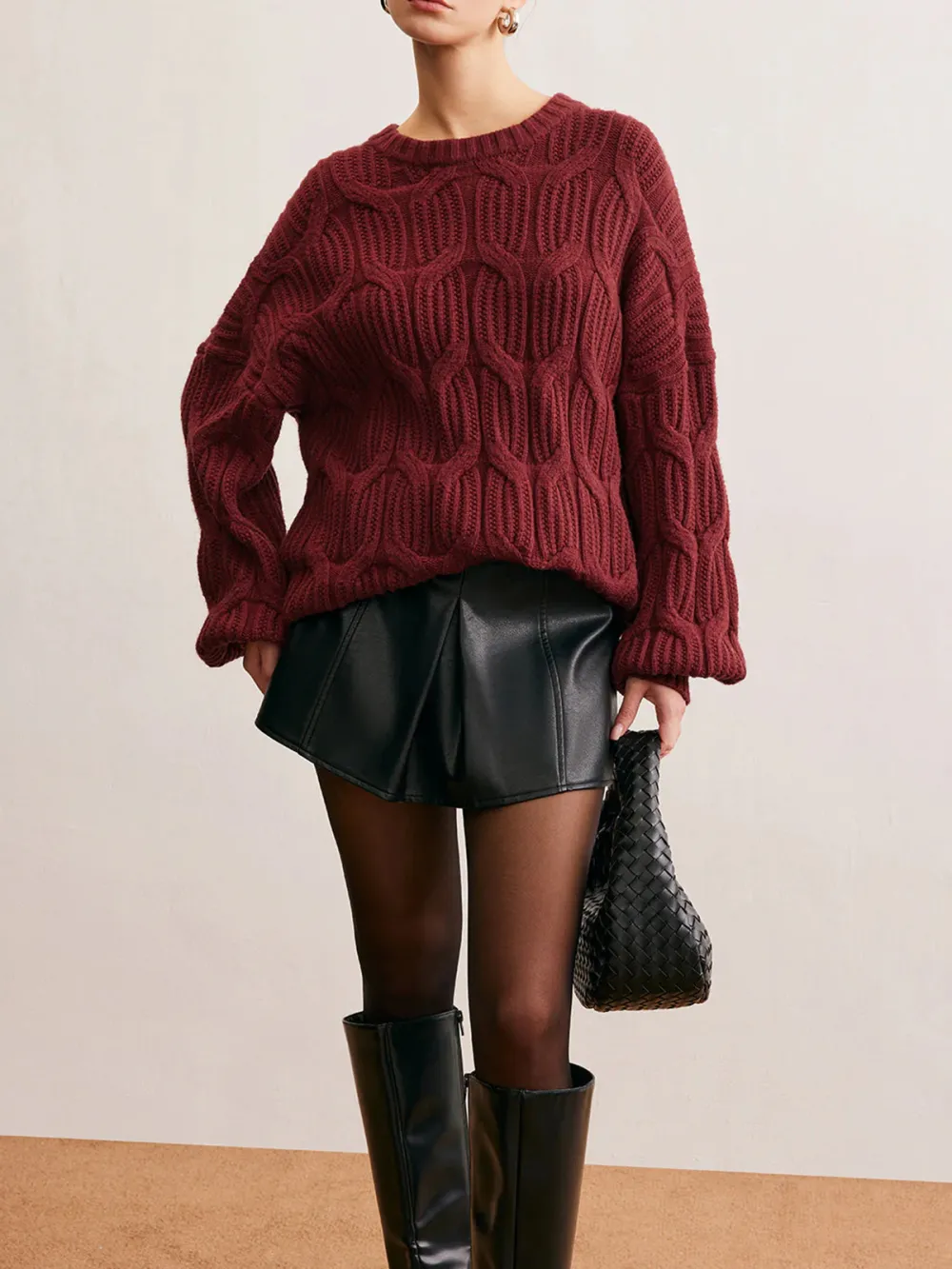 Twisted Knit Round Neck Drop Shoulder Sweater
