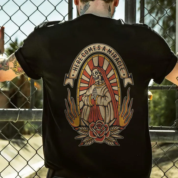 Here Comes A Miracle Skull Floral Print T-shirt