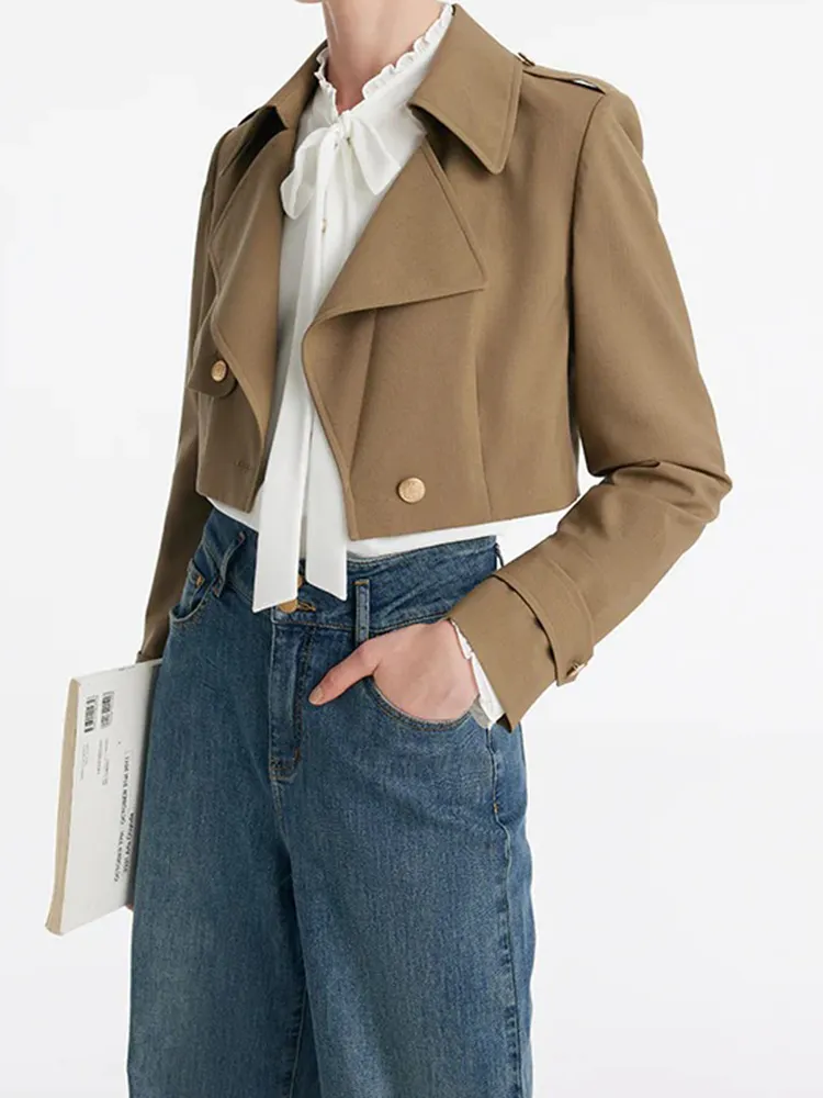 Machine Washable Wool Lapel Women Crop Trench Coat