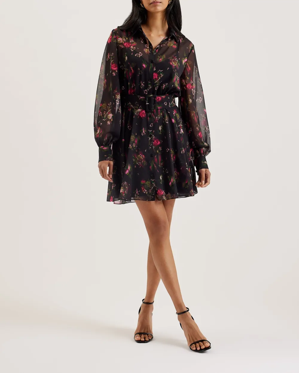 Ebene Collared Printed Button Down Mini Dress Black