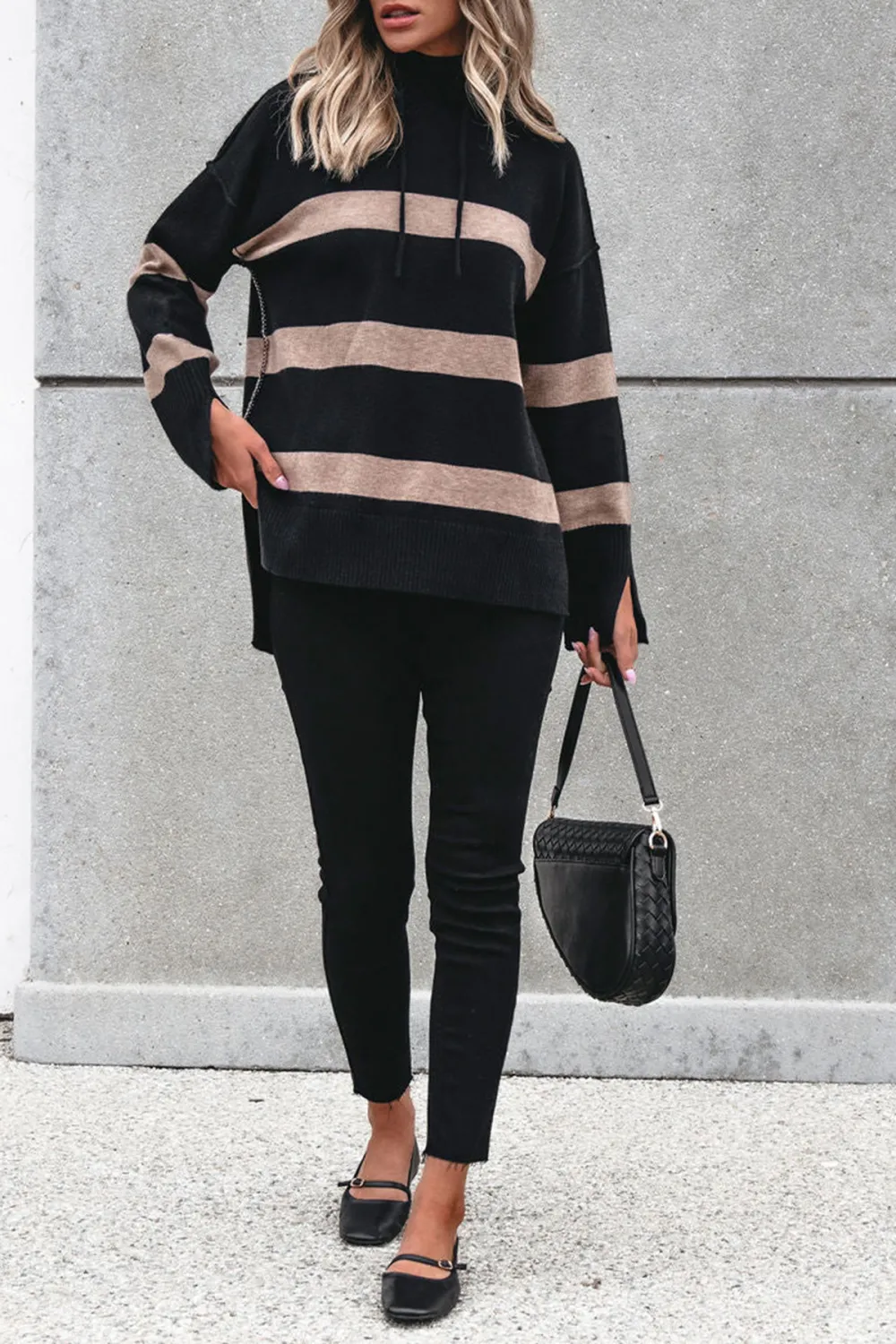 Black and Taupe Striped Hooded Sweater