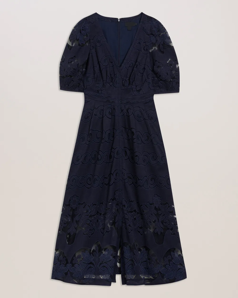 Agnel Lace Puff Sleeve Midi Dress Navy