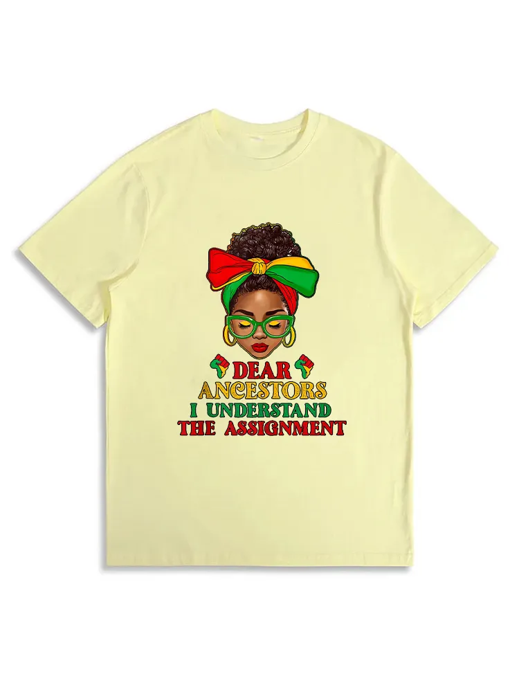 Black Woman Afro Messy Bun Dear Ancestors Juneteenth 1865 T-Shirt