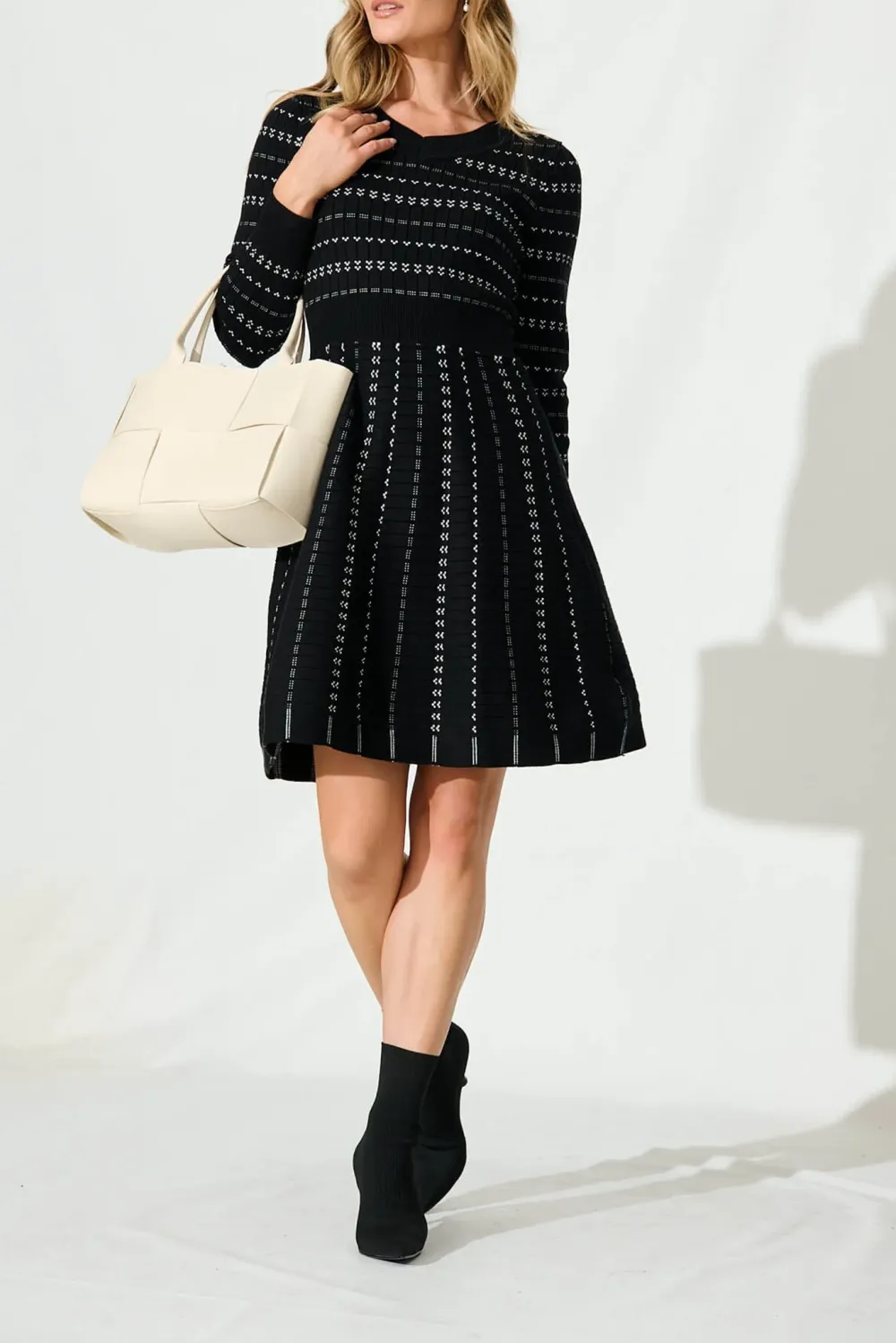 Black Patterned Long Sleeve Knit Dress