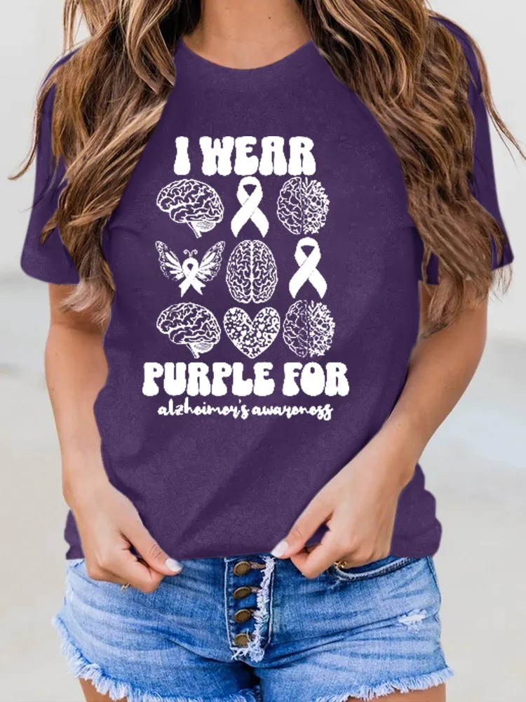 Women'S I Wear Purple For Alzheimer'S Awareness Round-Neck T-Shirt