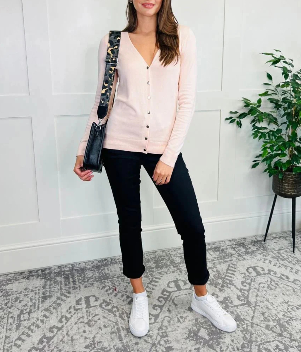 Pale Pink V Neck Button Cardigan