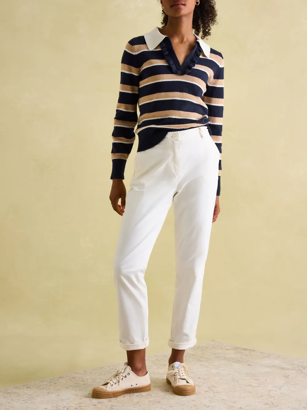 NavyOatmeal V Neck Stripe Jumper with Collar