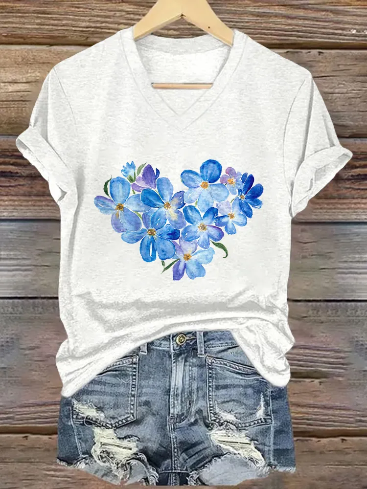 Women'S Heart-Shaped Flower Printed Alzheimer'S Awareness V-Neck T-Shirt