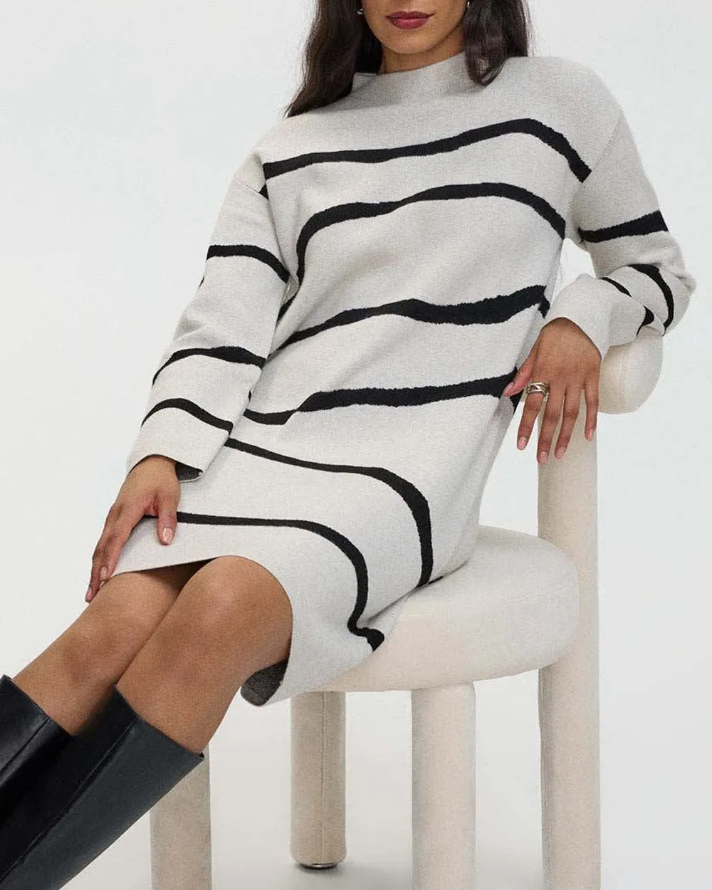 Long-Sleeve Shift Dress with Mock Neckline